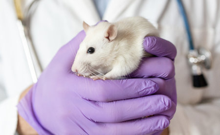 animal care, young specialist veterinarian examines white little rat with stethoscope in doctors office, close-upの写真素材