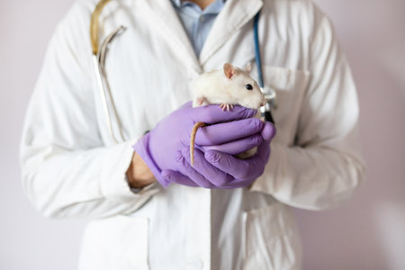 animal care, young specialist veterinarian examines white little rat with stethoscope on table in doctors office, close-upの写真素材