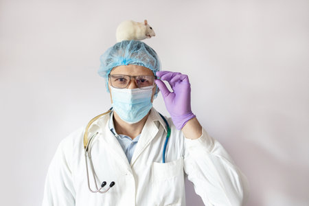 Caucasian scientist wearing medical overall, protective hat, mask, portrait of a professional male veterinarian with small rat on shoulders smiling and looking at camera in clinicの写真素材