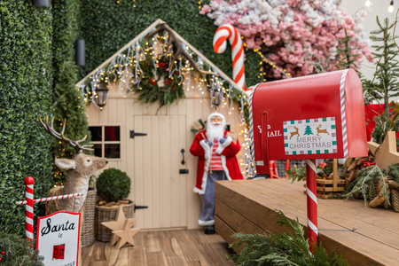 Christmas decorative mailbox or Santa's box, a symbol of Christmas miracle and wish fulfillment.の写真素材