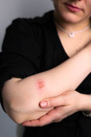 unhealthy young woman have skin problems, feels unbearable pain and discomfort. Wound skin burns concept. Dermatology, beauty care from skin problem by medical treatmentの写真素材