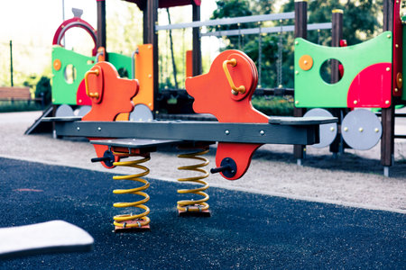 Colorful children's playground equipment in the park, close-upの写真素材