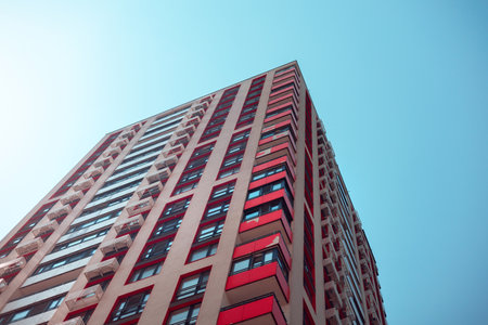 Modern apartment buildings on a sunny day. Facade of a modern apartment buildingの写真素材