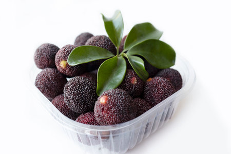 Fresh Chinese bayberry fruits in plastic bowl isolated on white backgroundの写真素材