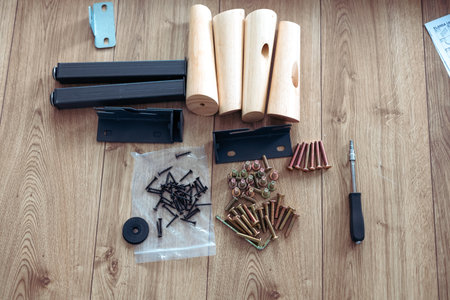Furniture assembly tools and instructions for assembling bedの写真素材