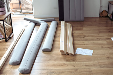 Furniture assembly tools and instructions for assembling bedの写真素材