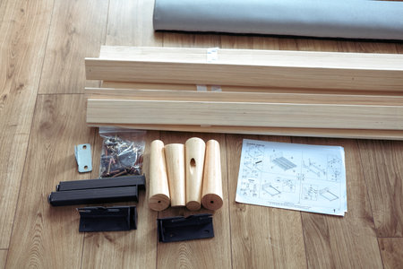 Furniture assembly tools and instructions for assembling bedの写真素材