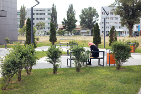 Outdoor city architecture with new modern bench, empty plank seat, comfortable bench in recreation area.の写真素材