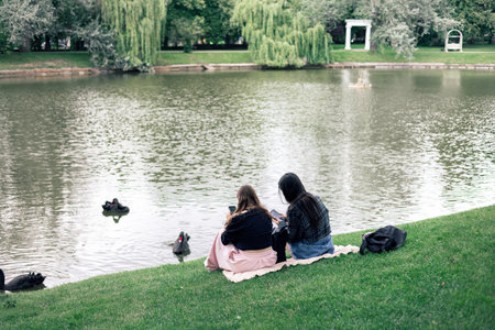 Two people using phone while sitting by lake in nature. Back view of two friends relaxing on lake shore in calm countrysideの写真素材