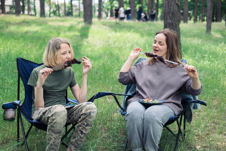 Happy family with teen boy on a picnic near the tent and grill a barbecue in a pine forest. Camping, recreation, hiking.の写真素材