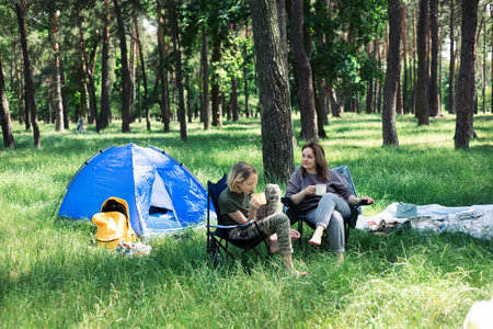 Happy family with teen boy on a picnic near the tent and grill a barbecue in a pine forest. Camping, recreation, hiking.の写真素材