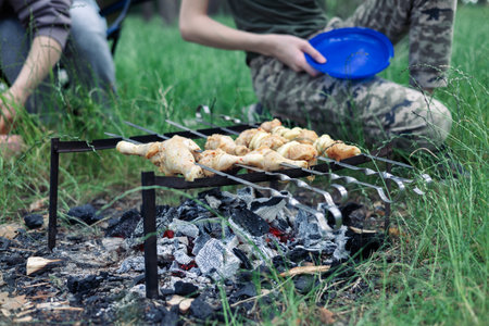 Cooking shish kebab on a campfire in natureの写真素材