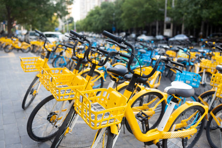 Bicycles parking in the city. Urban bike sharing system.