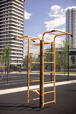 Urban sports ground with weight training and exercise equipment for sports. Sports and recreation...