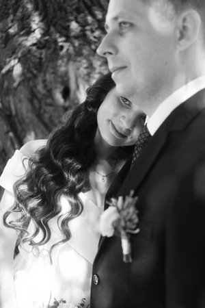 groom and bride on their wedding day. black and white photoの写真素材