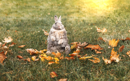 Cute little rabbit sitting in autumn leaves on green grass, outdoors