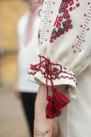 Ukrainian folk embroidery in the hands of a girlの写真素材