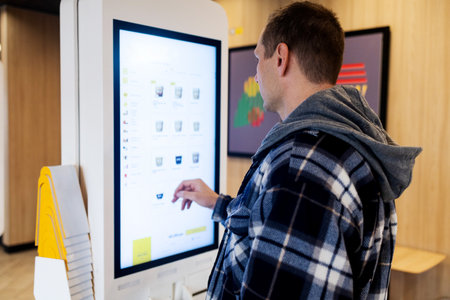 A Caucasian male customer uses a touchscreen terminal or self-service kiosk to order at a fast food restaurant. Automated machine and electronic paymentの写真素材