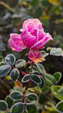 Pink rose covered with hoarfrost in the garden in winter.の写真素材