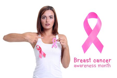 healthcare and medicine concept - womans hand holding pink breast cancer awareness ribbonの写真素材