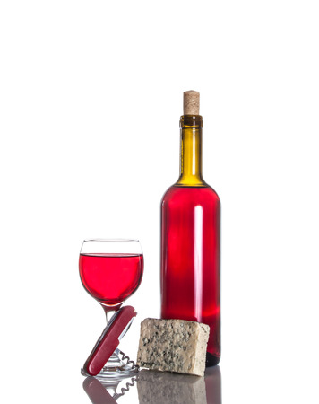 Wine bottle, glass, french blue cheese and cockscrewの写真素材