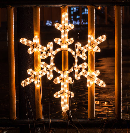Bridge decorated with Snowflake shaped lightsの写真素材