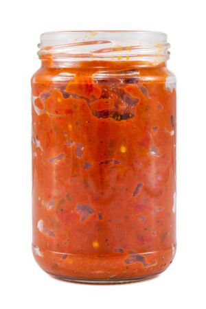 Small jar of Bulgarian traditional relish called Lutenicaの写真素材