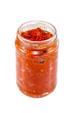 Small jar of Bulgarian traditional relish called Lutenicaの写真素材