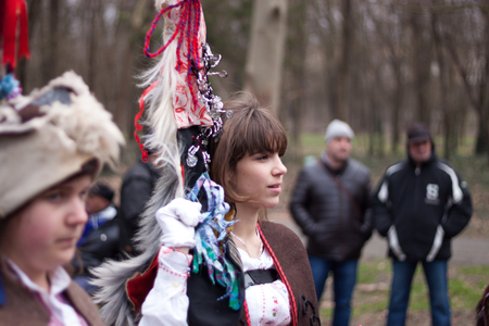 YAMBOL, BULGARIA - MARCH 08, 2015 - Kukerlandia - mask festival and masquerade games 08 March 2015. Bulgarian traditional dances and costumes called Kukeri.のeditorial素材