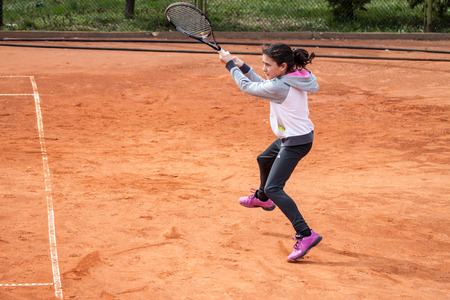 PAZARDZHIK, BULGARIA - APRIL 04, 2015 - Tennis tournament for children till 14 years of age - 04 April 2015. The competition was held on Pazardzhik tennis club courts.のeditorial素材