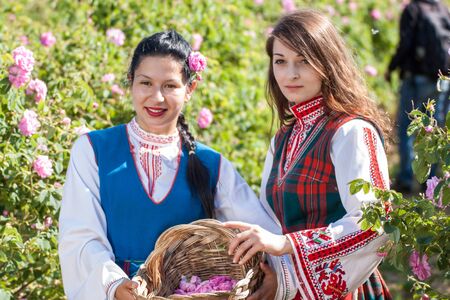 ROZOVO, BULGARIA - JUNE 06, 2015 - Rose picking ritual in Rozovo village. People dressed up in a traditional folklore costumes sing and dance for health and succesful harvest of the Bulgarian Roses.のeditorial素材