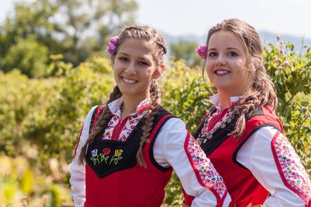 ROZOVO, BULGARIA - JUNE 06, 2015 - Rose picking ritual in Rozovo village. People dressed up in a traditional folklore costumes sing and dance for health and succesful harvest of the Bulgarian Roses.のeditorial素材