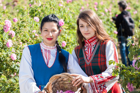 ROZOVO, BULGARIA - JUNE 06, 2015 - Rose picking ritual in Rozovo village. People dressed up in a traditional folklore costumes sing and dance for health and succesful harvest of the Bulgarian Roses.のeditorial素材