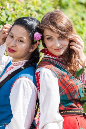 ROZOVO, BULGARIA - JUNE 06, 2015 - Rose picking ritual in Rozovo village. People dressed up in a traditional folklore costumes sing and dance for health and succesful harvest of the Bulgarian Roses.のeditorial素材