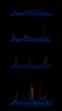 Blue and yellow colored flames isolated on black backgroundの写真素材
