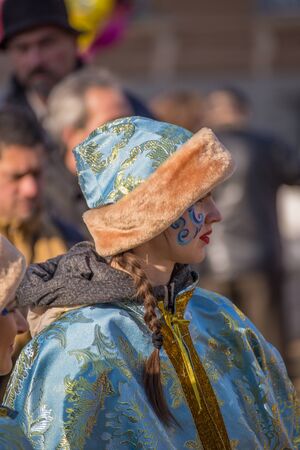 PERNIK, BULGARIA - JANUARY 30, 2016 - Masquerade festival Surva in Pernik, Bulgaria. People with mask called Kukeri dance and preform to scare the evel spirits.のeditorial素材