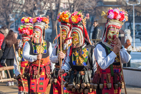 PERNIK, BULGARIA - JANUARY 30, 2016 - Masquerade festival Surva in Pernik, Bulgaria. People with mask called Kukeri dance and preform to scare the evel spirits.のeditorial素材