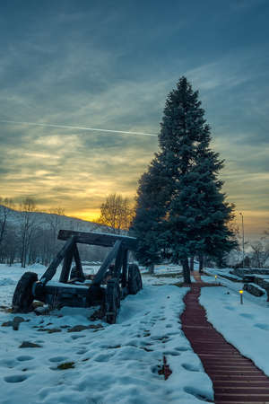 Amazing sunset in the Krakra fortress. The fort is located near Pernik city in Bulgaria.の写真素材