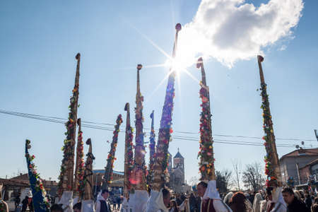 RAKOVSKI, BULGARIA - FEBRUARY 06, 2015 - Kukeri festival in Rakovski, Bulgaria. People dressed in different costumes dance and preform rituals to scare the evel spirits.のeditorial素材