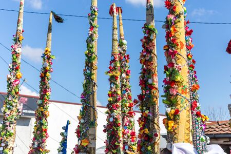 RAKOVSKI, BULGARIA - FEBRUARY 06, 2015 - Kukeri festival in Rakovski, Bulgaria. People dressed in different costumes dance and preform rituals to scare the evel spirits.のeditorial素材