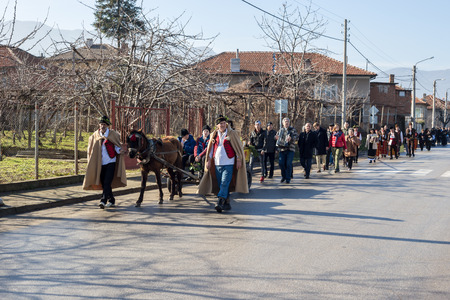 PERUSHTITSA, BULGARIA - FEBRUARY 14, 2015 - Recreating the ritual called Zariazvane in Perushtitsa, Bulgaria. People dressed in traditional clothing dance and cut the vineyards for fruitful harvest.のeditorial素材