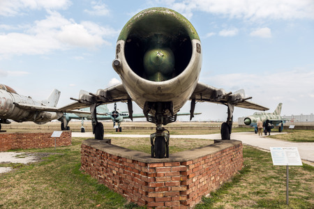 PLOVDIV, BULGARIA - MARCH 03, 2016 - Airshow and demonstration for the Bulgarian Independence day annual celebrations. Exhibition of obsolete and retired from the Bulgaria air force jet fighters.のeditorial素材