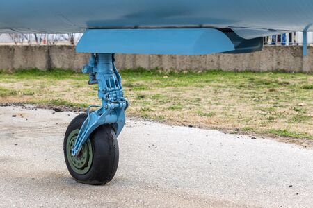 Airplane front gear wheels close upの写真素材