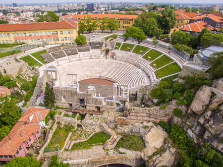 Aerial view of the roman amphitheater in Plovdiv, Bulgariaの写真素材