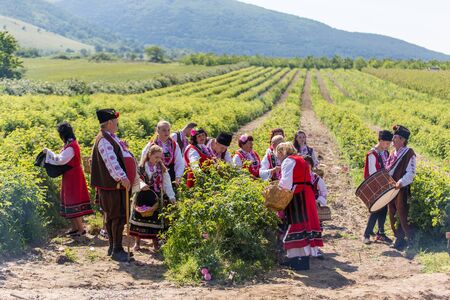 GORNO IZVOROVO, BULGARIA - MAY 29, 2016 - Bulgarian annual Rose picking ritual. People singing and dancing dressed in traditional clothing.のeditorial素材