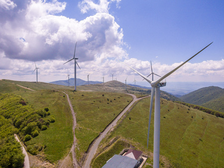 Aerial view of a electricity generating windmill park