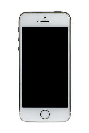 PLOVDIV, BULGARIA - JUNE 16, 2016 - Frontal view of an used gold colored Iphone 5S mobile phone isolated on a white backgroundのeditorial素材