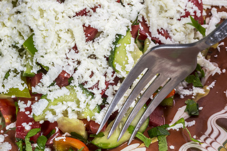 Macro shot of a traditional bulgarian salad called Shopska prick with a fork.の写真素材