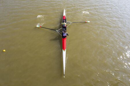 PLOVDIV, BULGARIA - SEPTEMBER 22, 2016 - Aerial view of rowers kayaking and canoeing in the regatta...