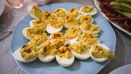 Deviled eggs with pepper made by a traditional recepie